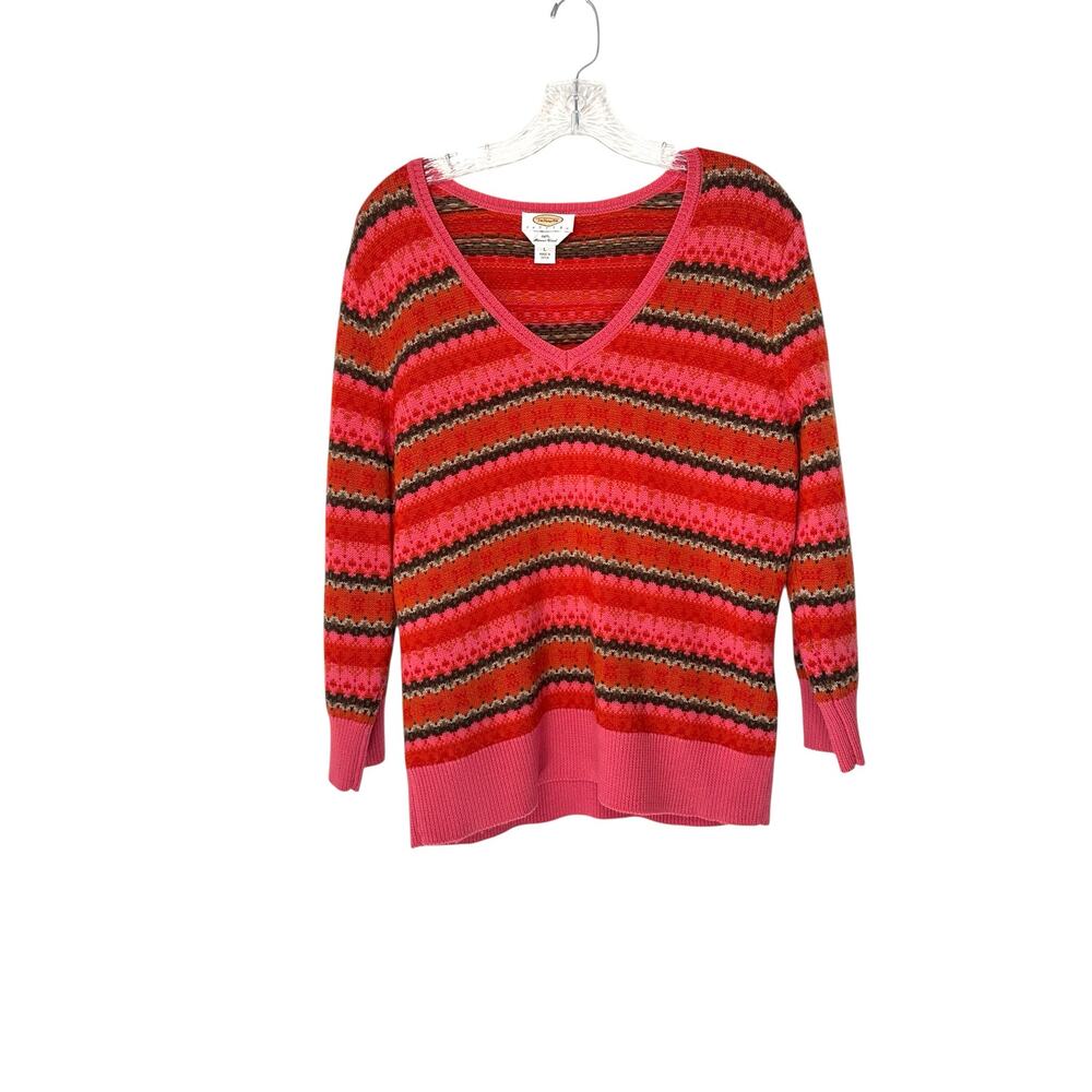 Talbots Petites Sweater Orange Pink Merino‎ Wool Knit V-Neck Nordic Large